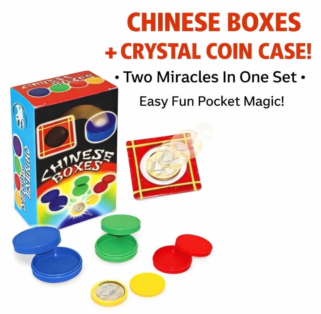 CHINESE BOXES + CRYSTAL COIN CASE Nesting Magic Trick Set Money Pocket Vanishing