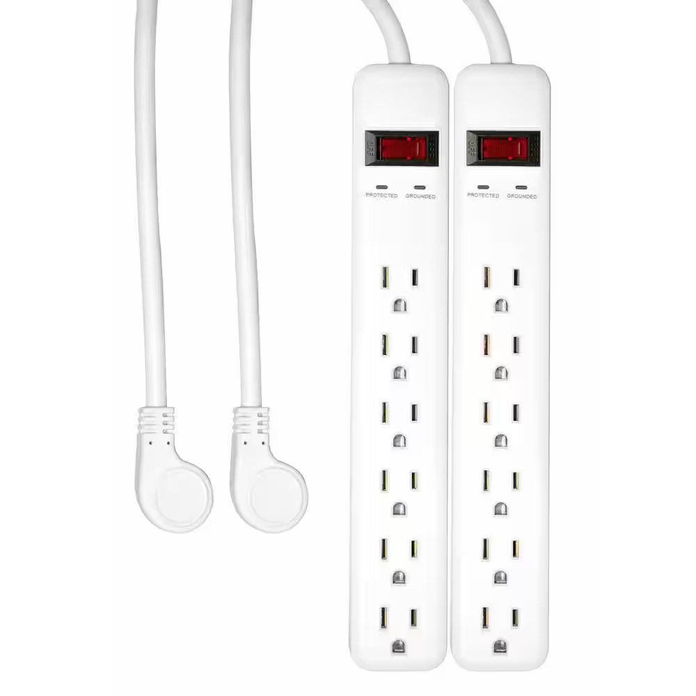3 Ft. 6-Outlet Power Strip Surge Protector with 45 Degree Flat Angle Plug, White