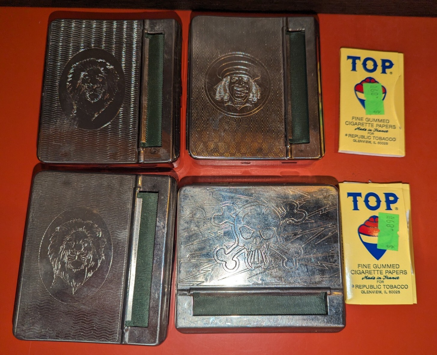 Lot of 4 Silver Automatic Rolling Cigarette Tin Boxes (Lion, Skull & Cigar Man)