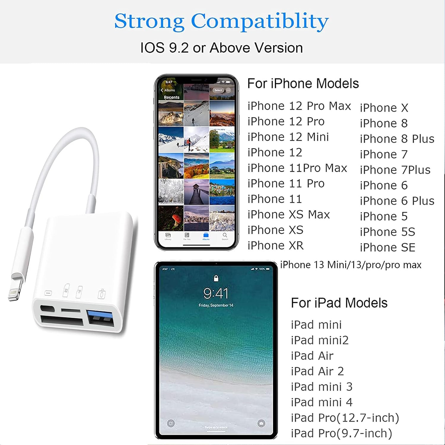 Lightning to SD Card Reader - 4 in 1 Memory Card Adapter for Iphone with USB