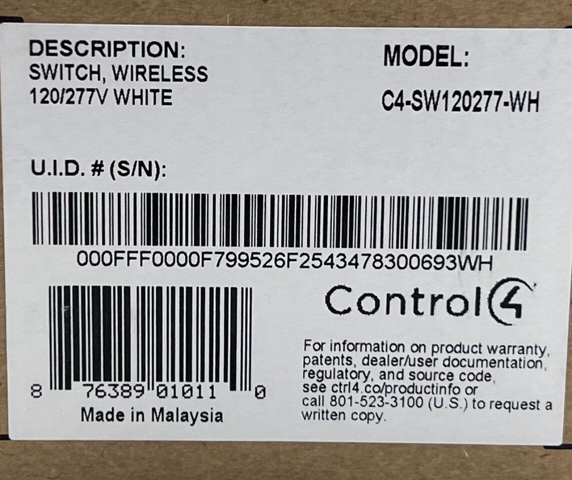 CONTROL 4 CONTROL4 C4-SW120277-WH WIRELESS SWITCH WHITE