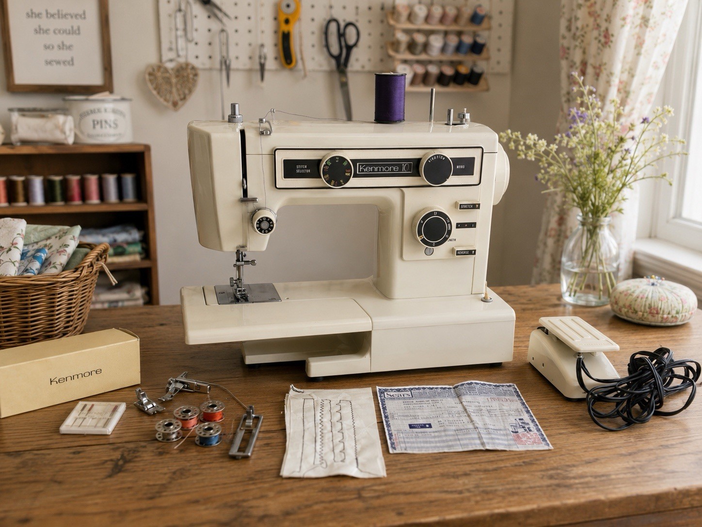 Kenmore Sears 10 Stitch Model 385 1249380 Sewing Machine W/Pedal & Cable Tested