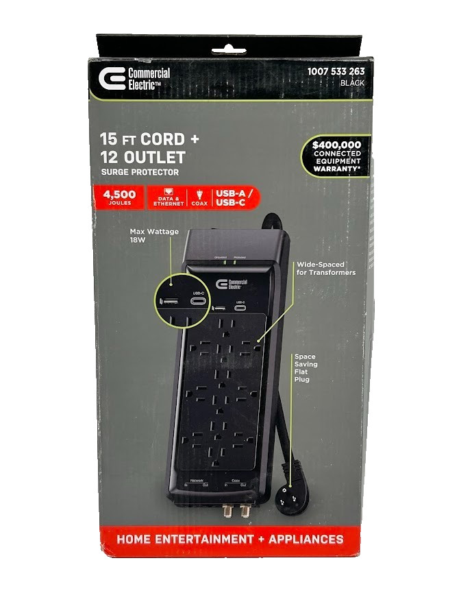 Commercial Electric 15 ft. 12-Outlet Surge Protector Braided Cord – Black