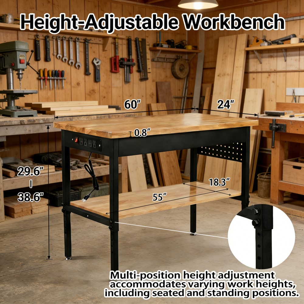70"x22" Adjustable Workbench with Power Outlet, Heavy Duty 2500LBS Load Capacity