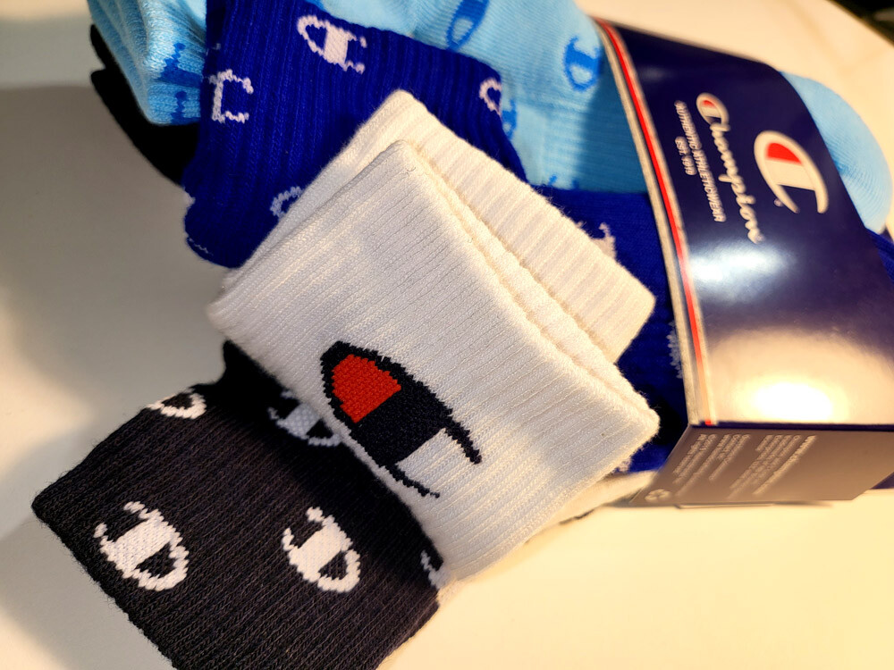 Champion Script 6 Pair Quarter Socks Blue/Black/White - Men’s Small 9-11