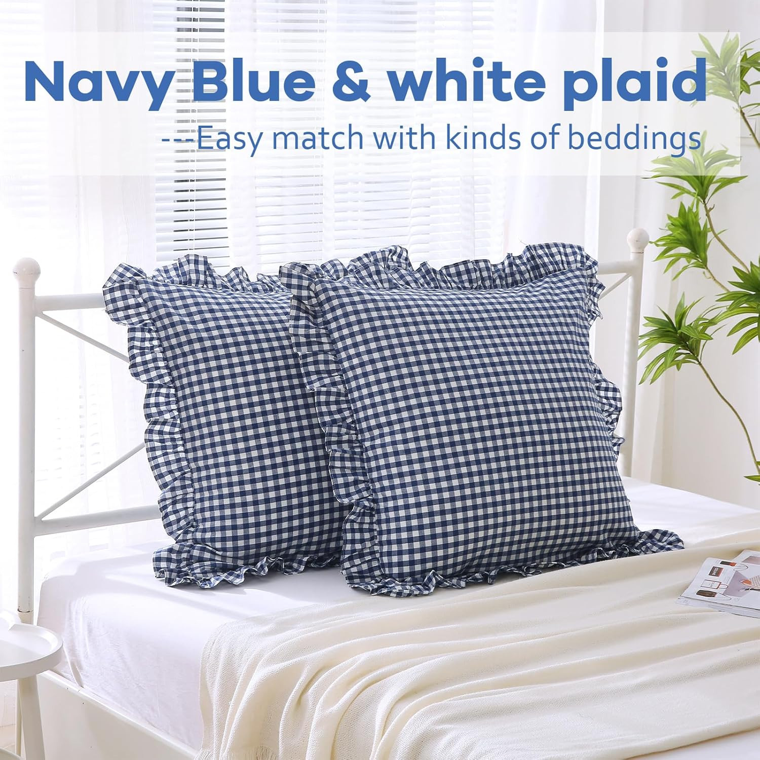 2 Pack Navy Blue White Plaid Ruffle Gingham Euro Shams Pillow Covers, 100% Washe