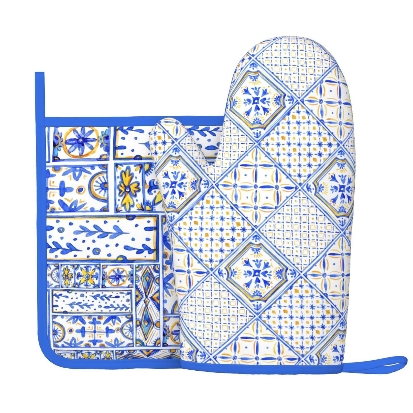 Blue Boho Geometric Silicone Oven Mitts Pan Mats Set of 2, Heat Resistant Glo...
