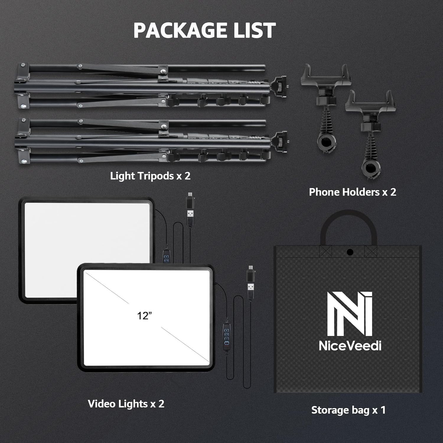 2-Pack Dimmable Photography Lights with Tripod Holder & USB Connectivity