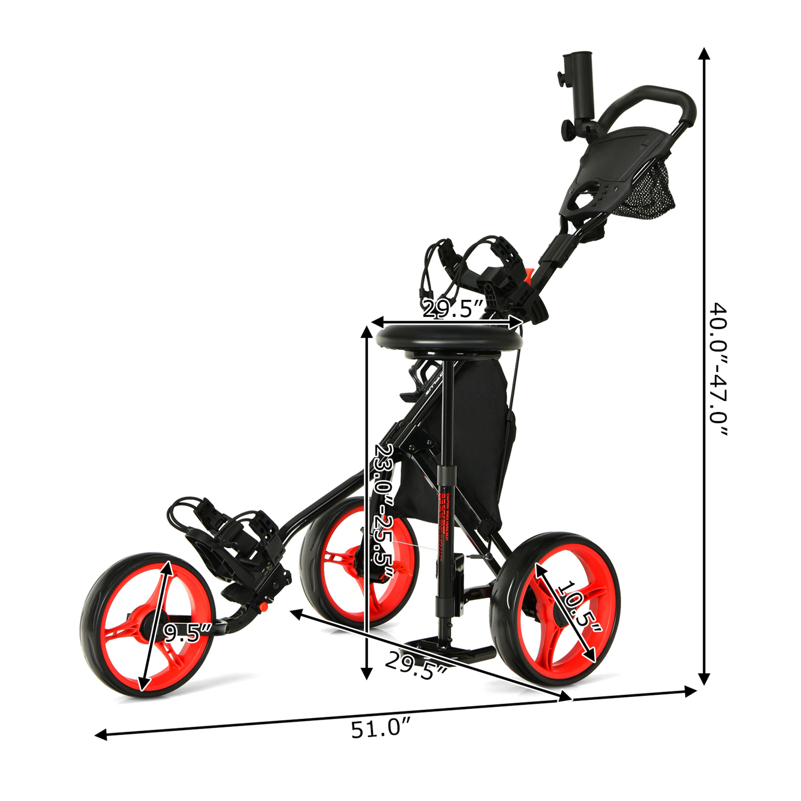 3-Wheel Foldable Golf Push Pull Cart Trolley w/ Seat Adjustable Handle Red