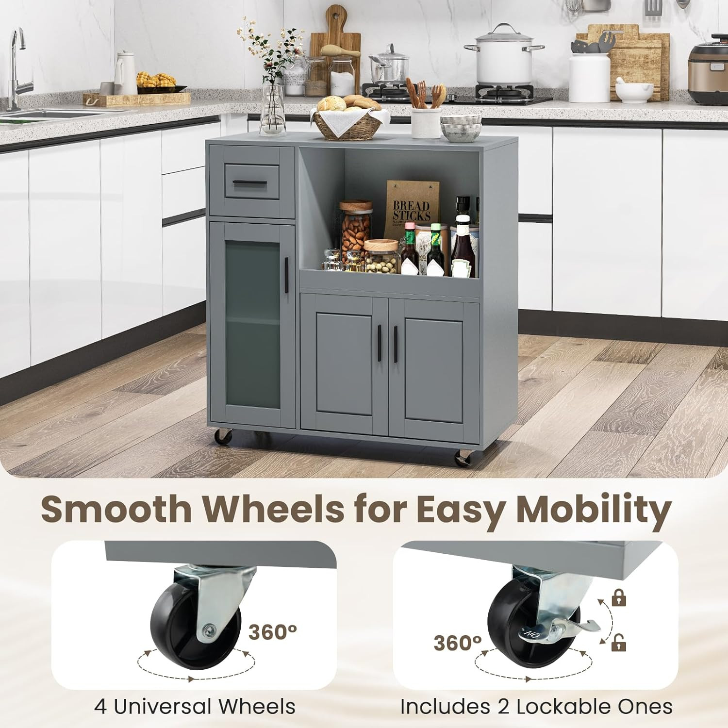 Rolling Kitchen Island Cart with Storage & Adjustable Shelf, Grey