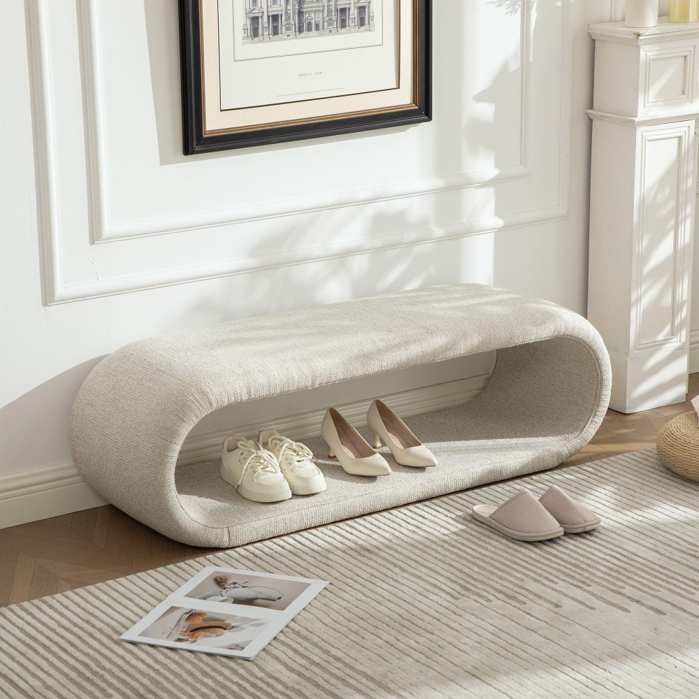 Chenille Upholstered Storage Bench with Iron Frame, Entryway & Living Room