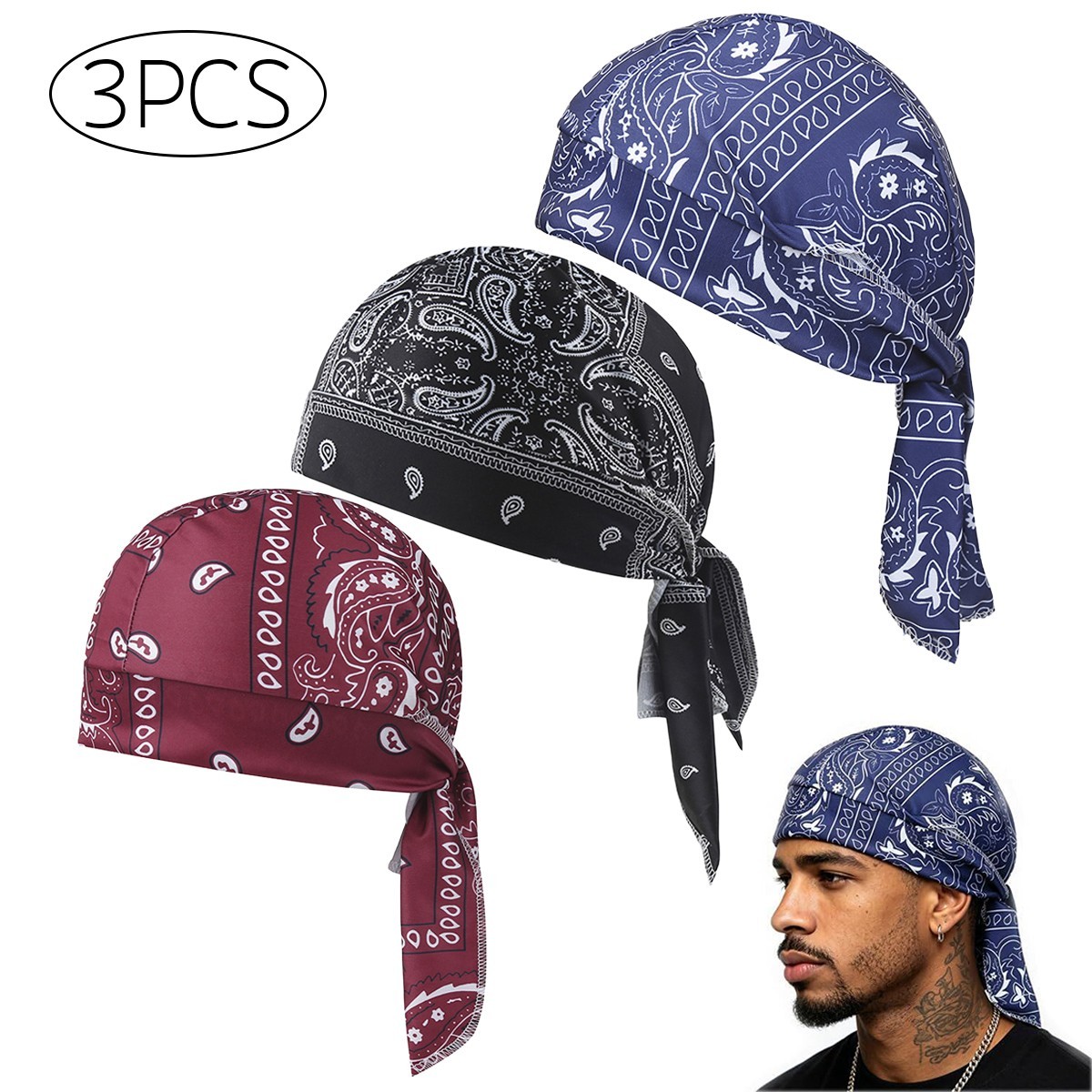 Cooling Paisley Skull Cap Helmet Liner Sweat Wicking Head Wrap 3PC