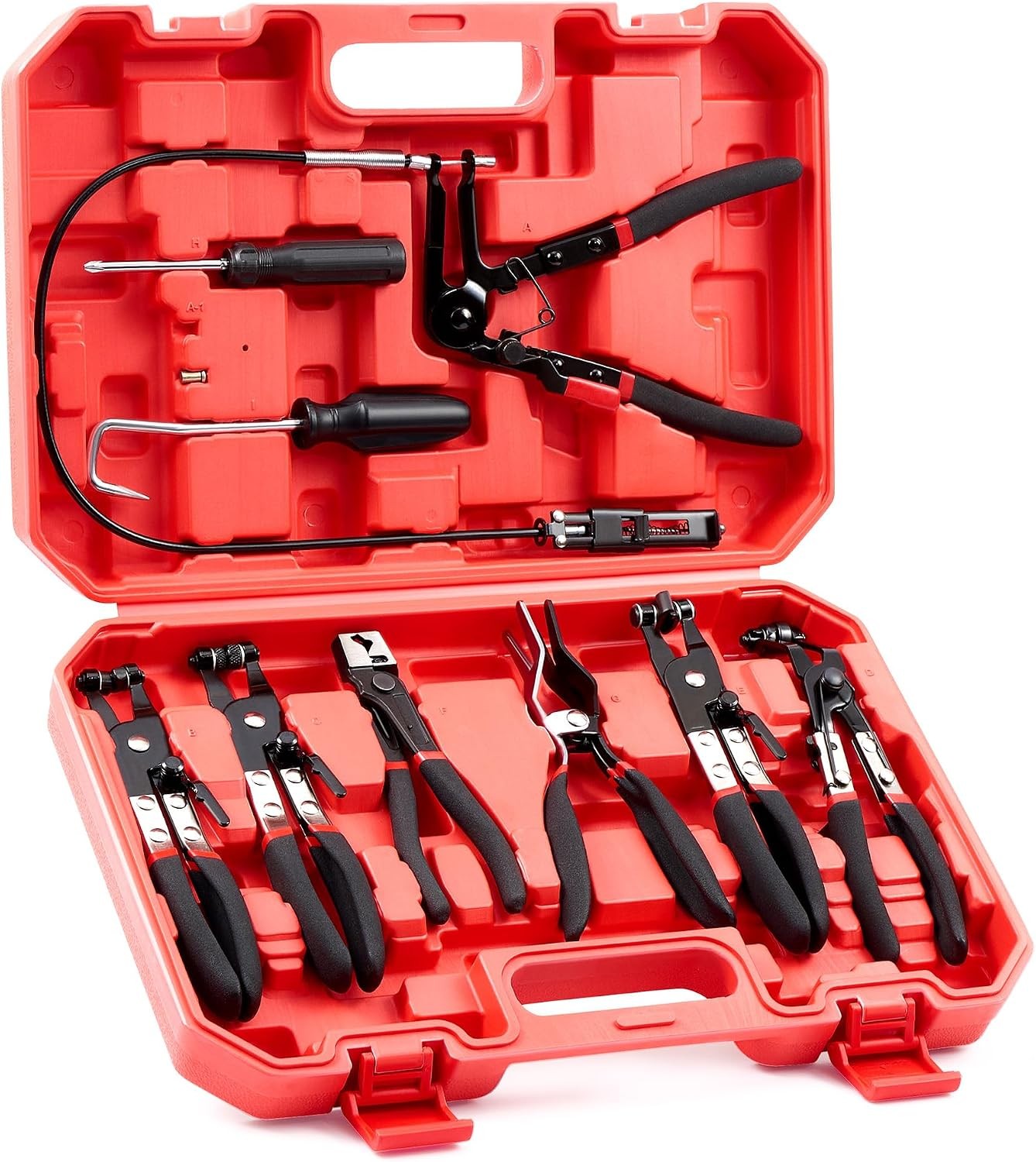 9-Piece Hose Clamp Pliers Set with Long Reach Flexible Wire Swivel Jaw and Flat
