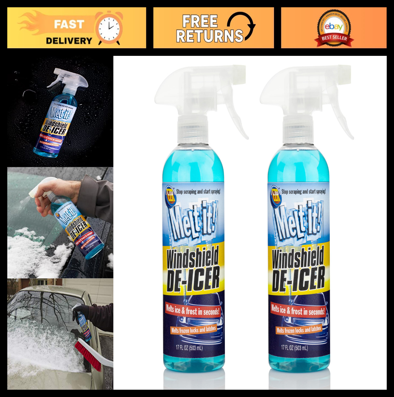 Instant Ice Melt Windshield De-Icer Spray - 17 Fl Oz, 2-Pack for Cars & Windows