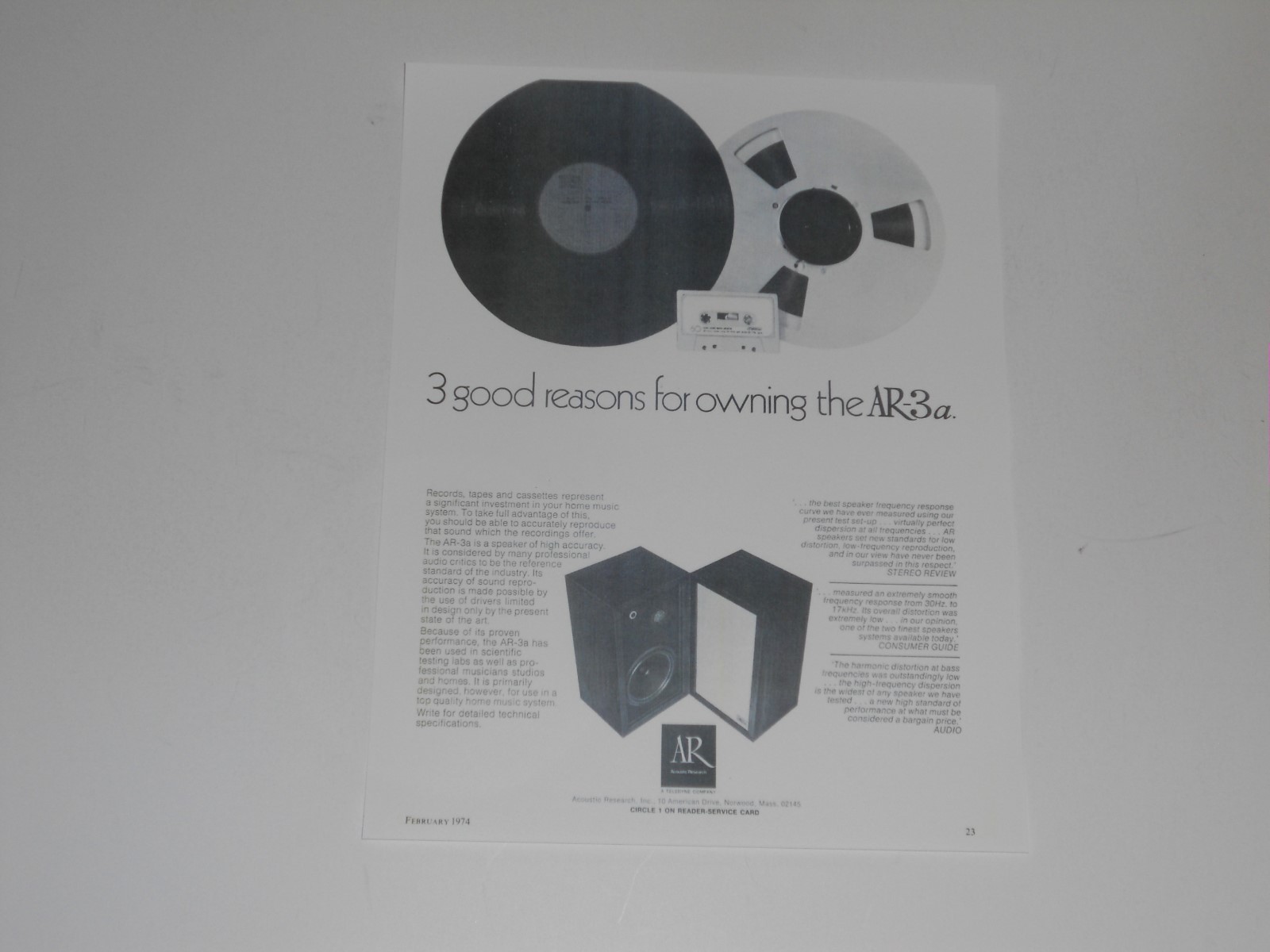 Acoustic Research AR-3a Speaker Ad, 1 Page, 1974, Article and Info