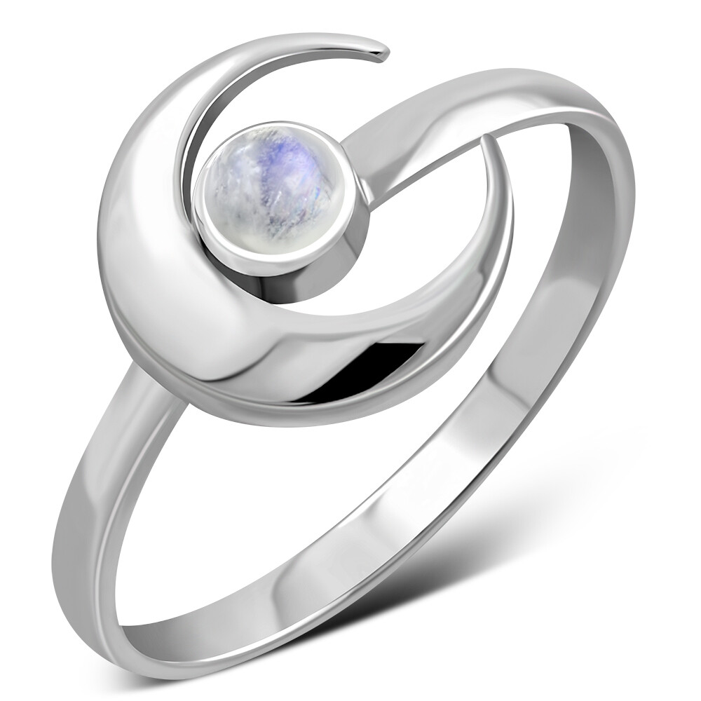 Ring Sterling Silver 925 - Rainbow Moonstone - Waxing- Waning -Crescent Moon