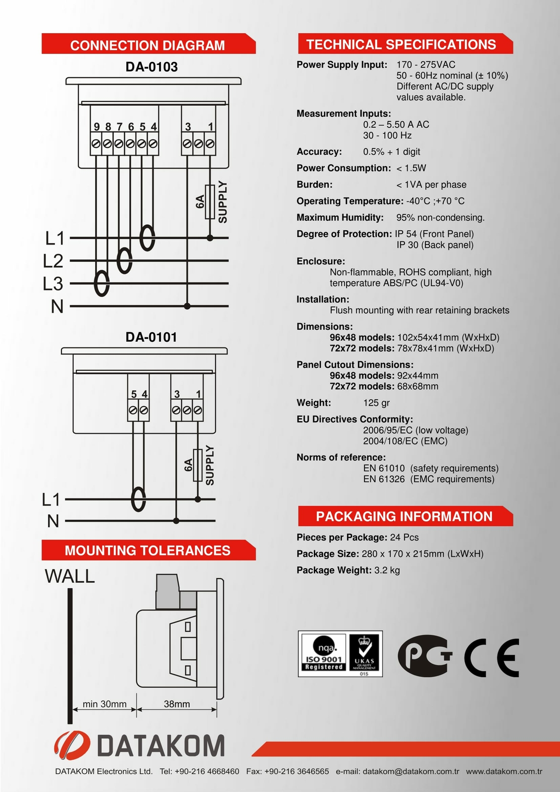 DATAKOM DA-0101 Digital Ammeter Panel (1 Phase)