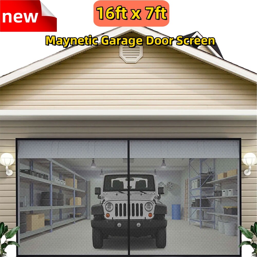 Magnetic Garage Door Screen 16 x 7ft for 2 Cars Heavy-Duty Garage Net Fiberglass