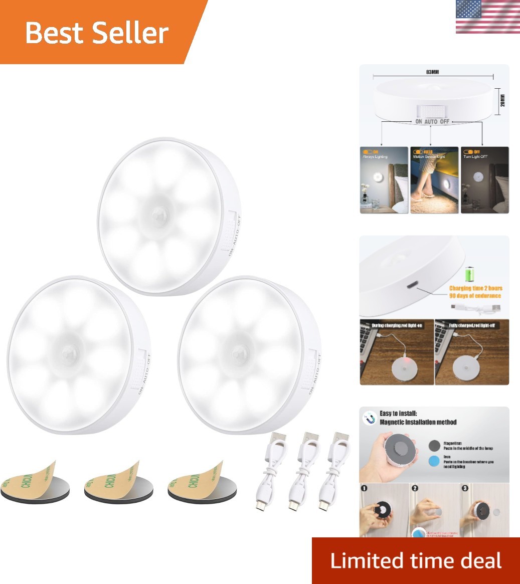 Rechargeable Night Lights: 3-Pack Motion Sensor with Easy Magnetic Installation
