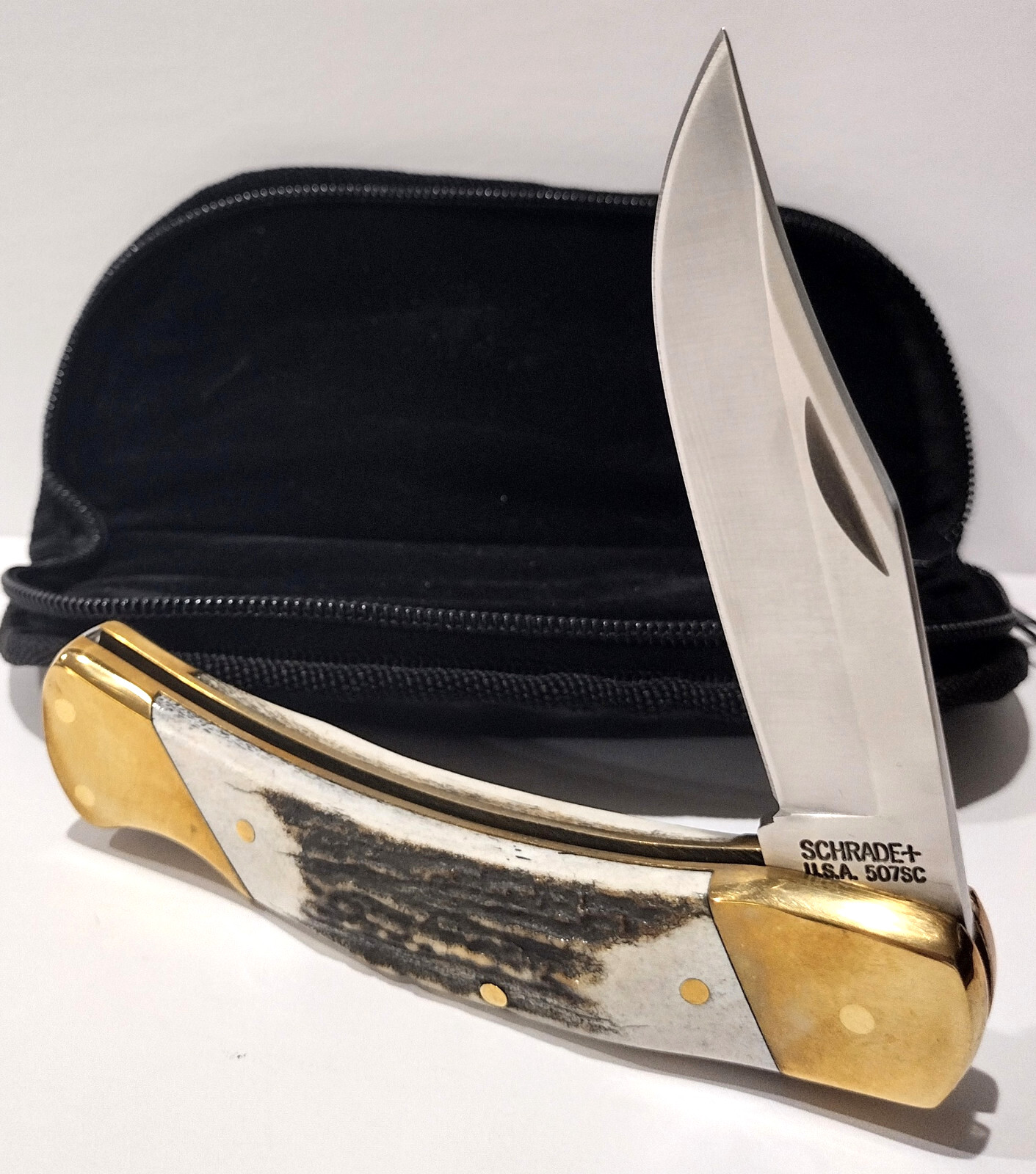 Schrade LB8 Factory 2nd Stag Bone Lockback Folding Pocket Knife USA Made + Case