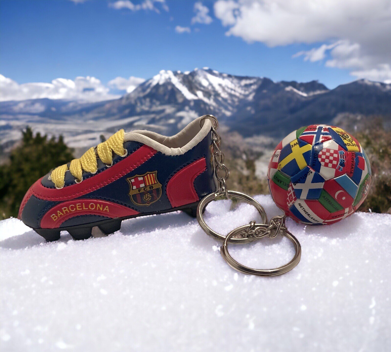 Soccer Keychains (2) Barcelona Cleats Shoes & World Ball Key Ring