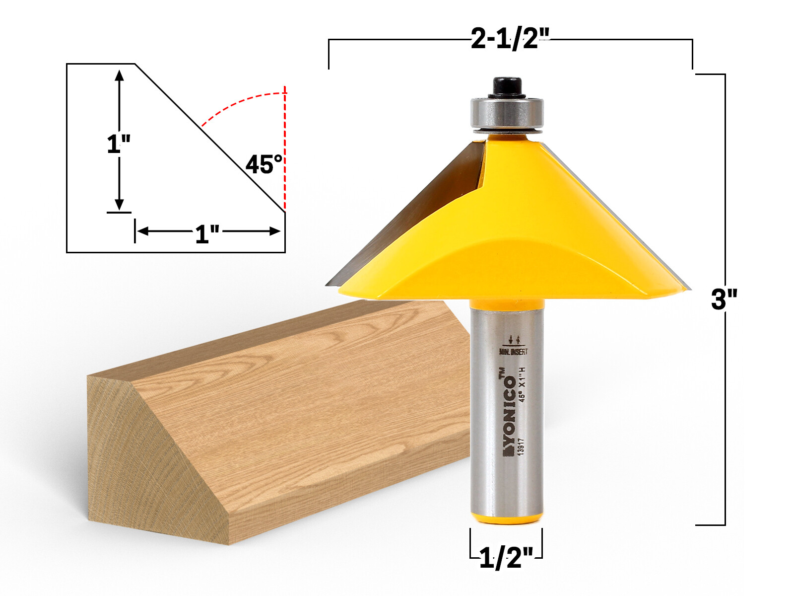 45 Degree Chamfer Edge Forming Router Bit - 1/2" Shank - Yonico 13917