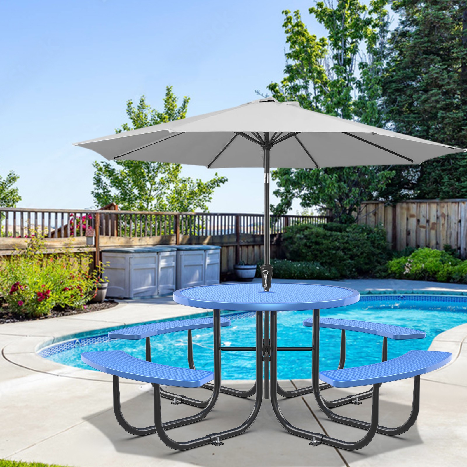 Blue Round Patio Table & Chair Set with Umbrella Hole