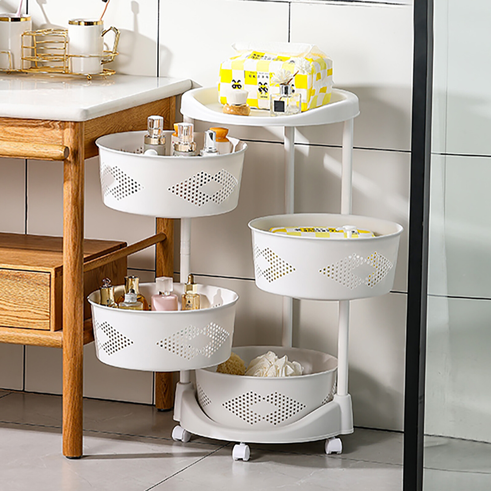 Kitchen Storage Cart Rotating Basket Vegetable Rack Multi-Layer Storage Shelves