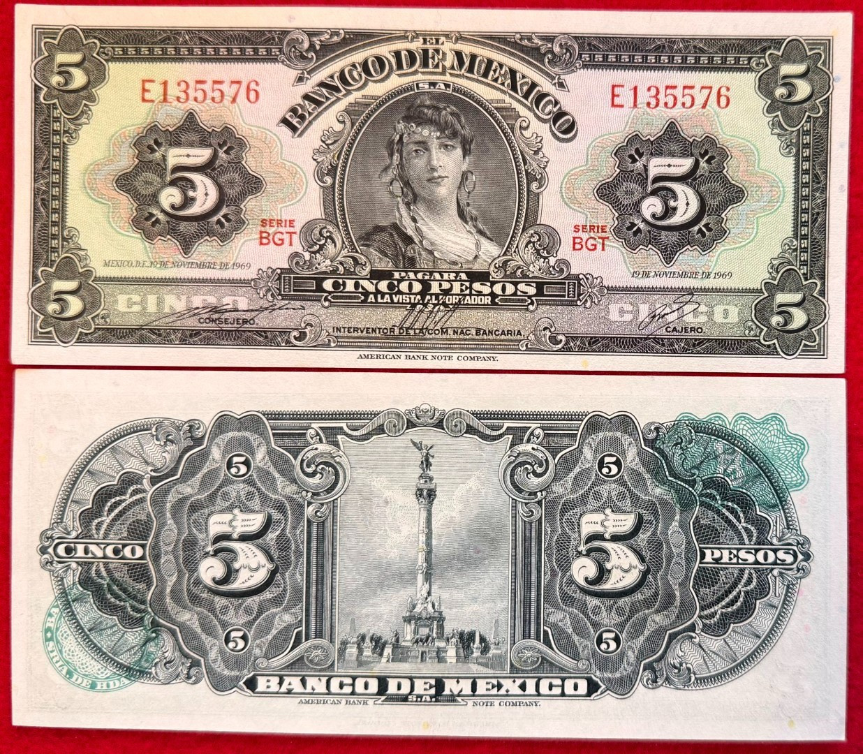 1969 Mexico 5 Pesos GYPSY UN Mexican banknote Angel I. Gitana SERIE BGT PREFIX E