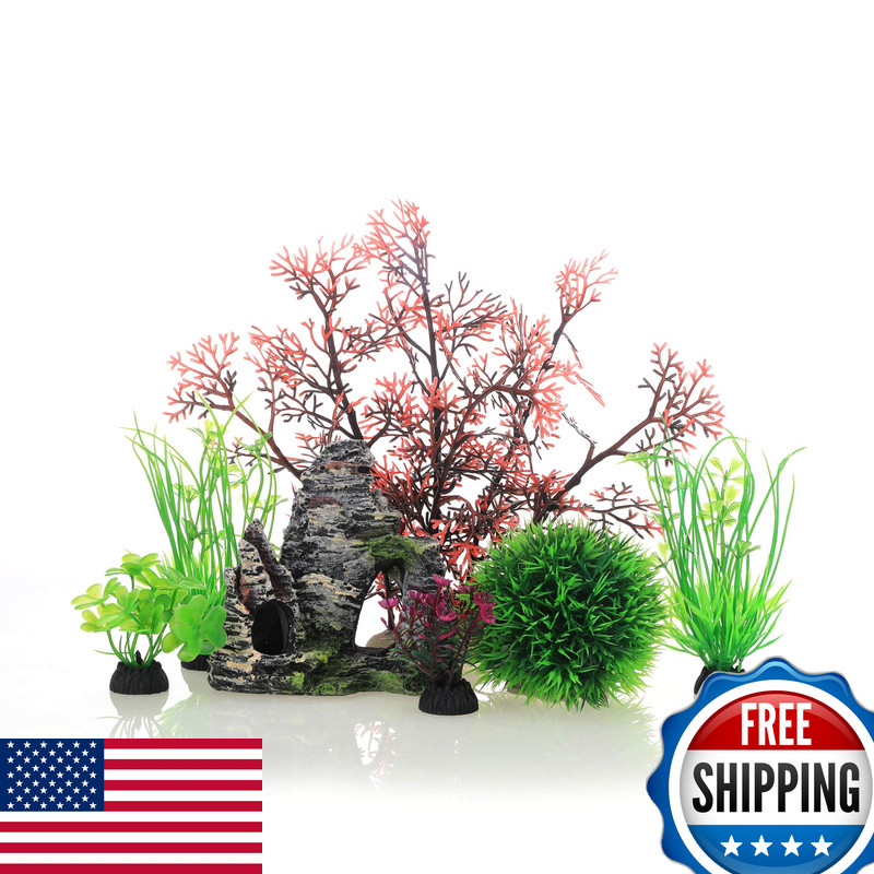 Jih Aquarium Fish Tank Plastic Plants And Cave Rock Decorations Decor Set 7