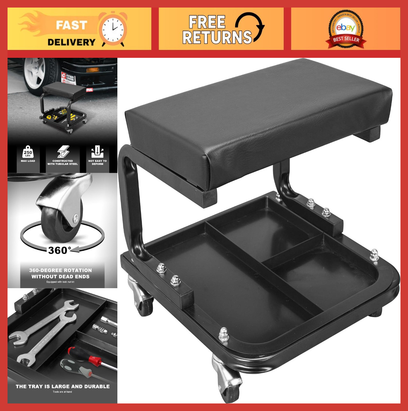 Rolling Garage Creeper Seat: Padded Mechanic Stool with Tool Tray, Black