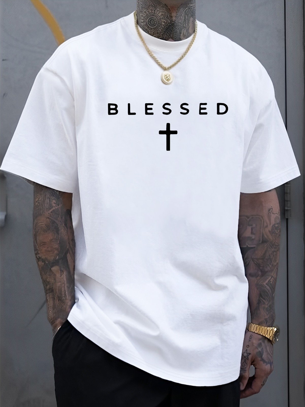 Men'S "Blessed" Cross Print T-Shirt - Casual Crew Neck, Short Sleeve, Lightweigh