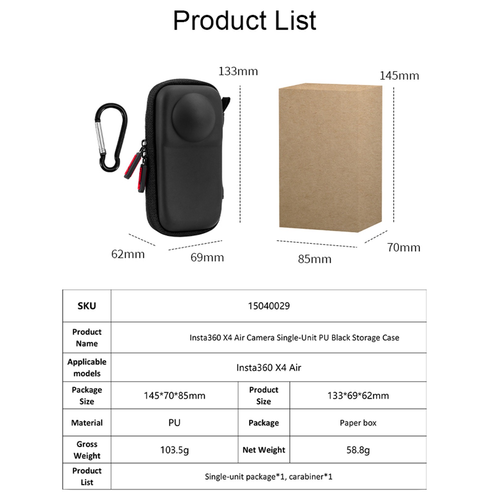 Camera Single-Unit PU Black Storage Case Camera Bag for lnsta360 x4 Air