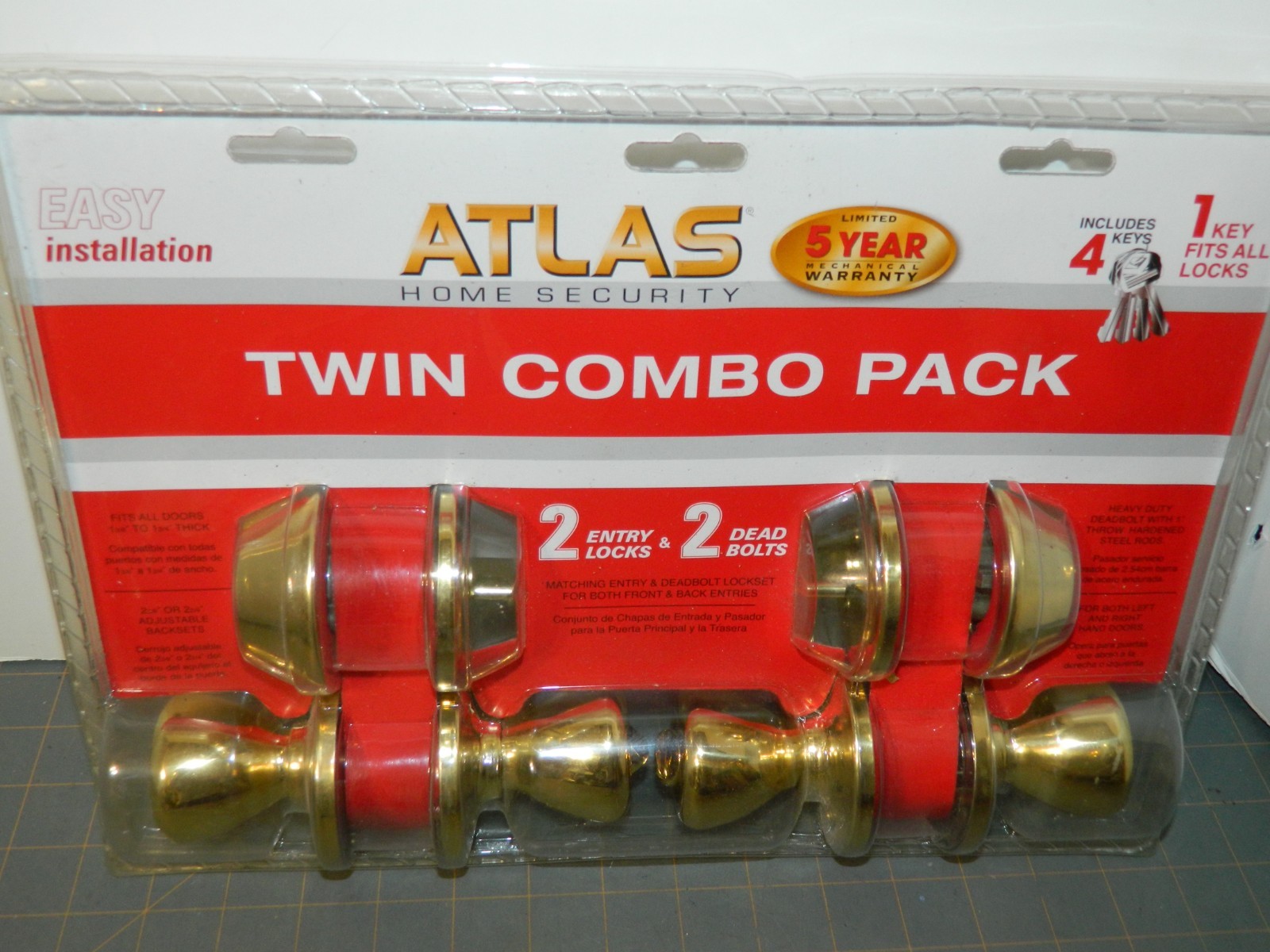 Atlas Home Security twin combo pack 2 entry locks & 2 dead bolts Polished Brass