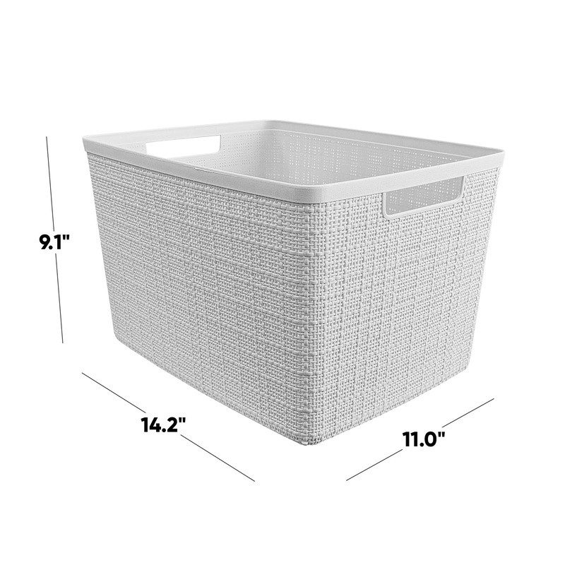 Decorative Jute Storage Basket Rectangular Resin Organizing Bins W/ Handles Home