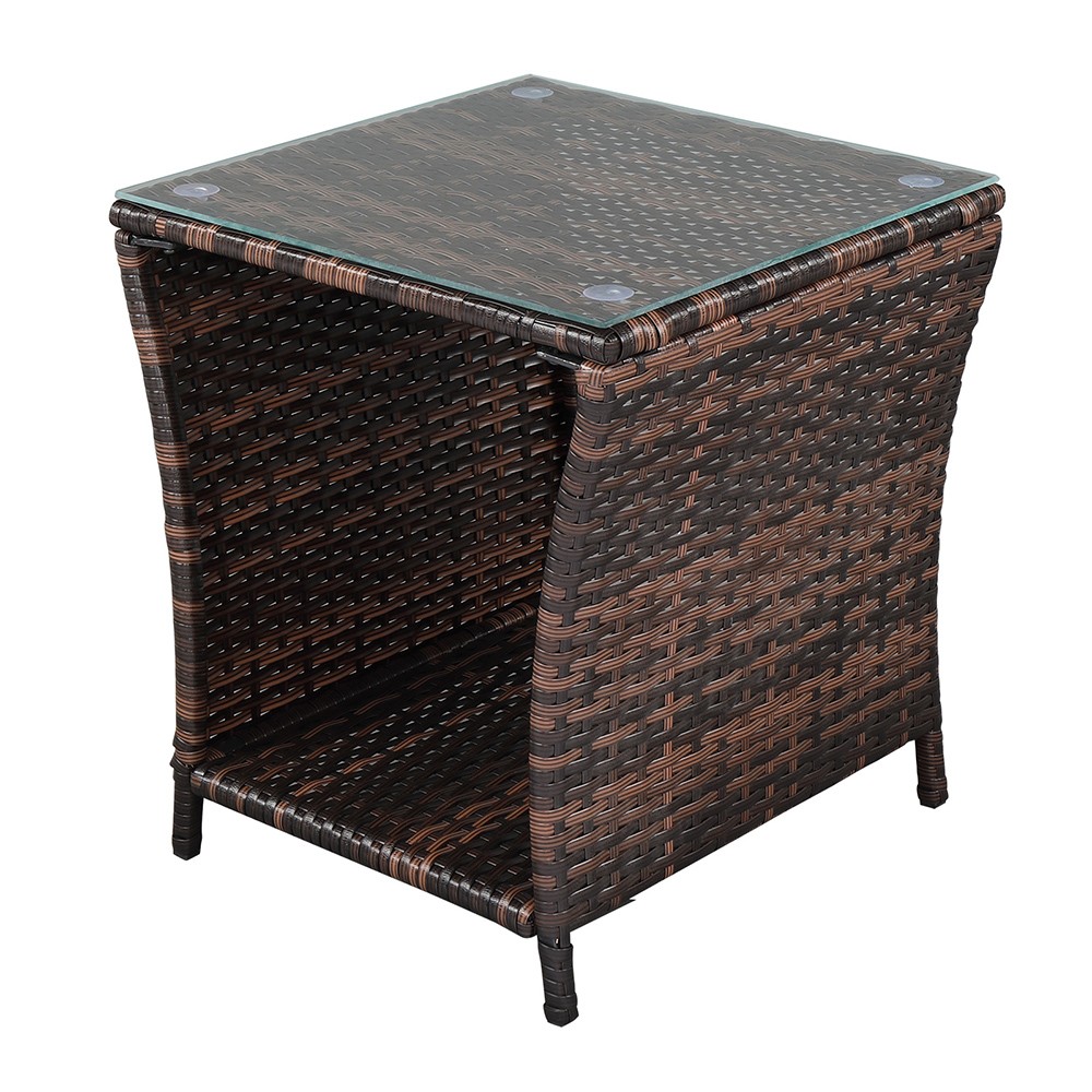 Glass Surface Brown Gradient Iron Frame Rattan Side Table,free ship