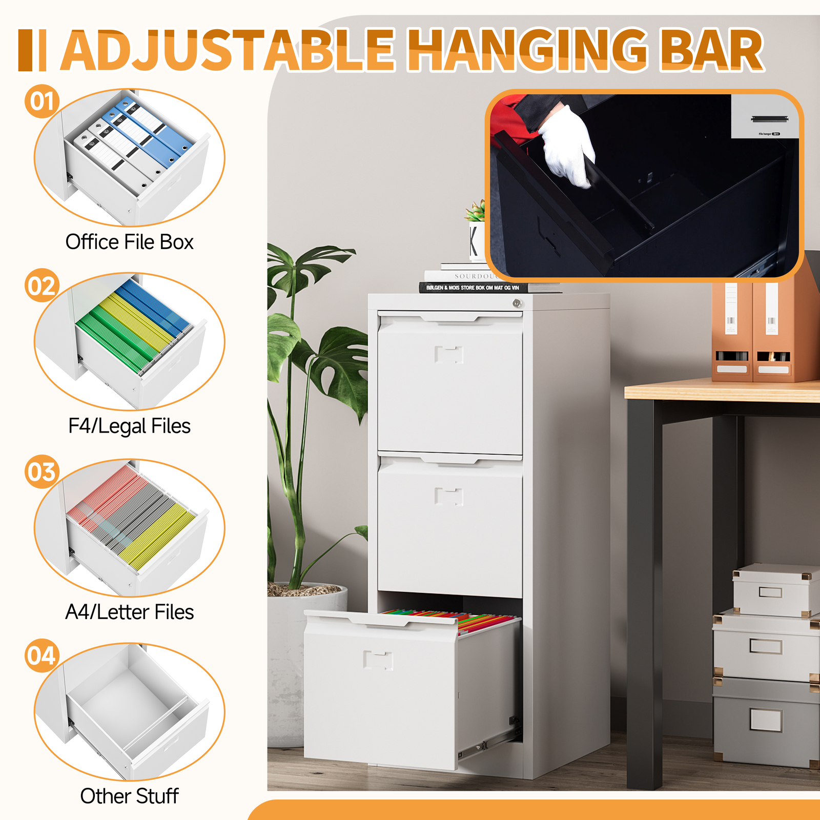 3-Drawer Filing Cabinet Vertical File Cabinet Lockable Office Storage Drawers
