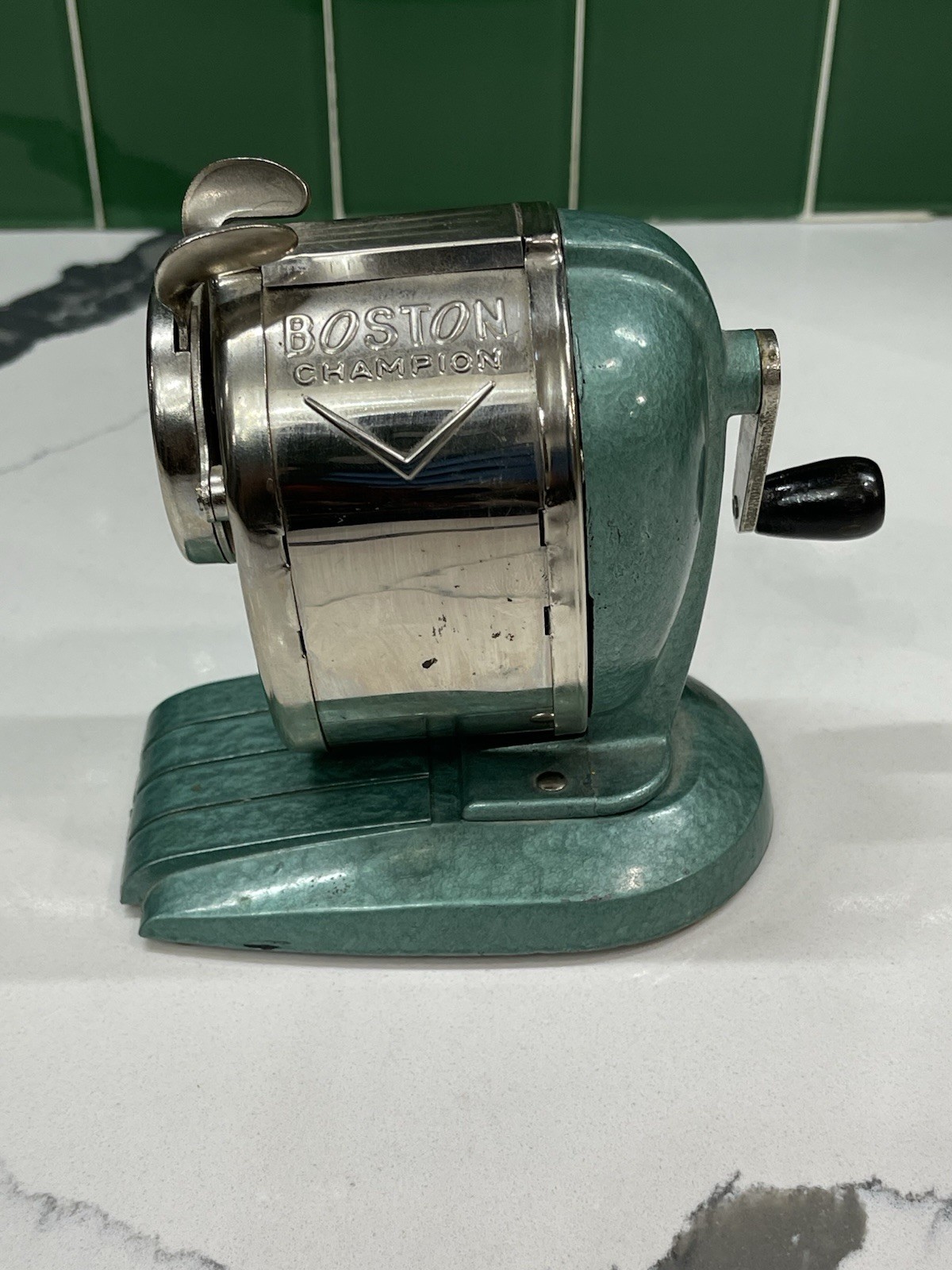 Vintage Boston Champion Desktop Pencil Sharpener turquoise Green MCM