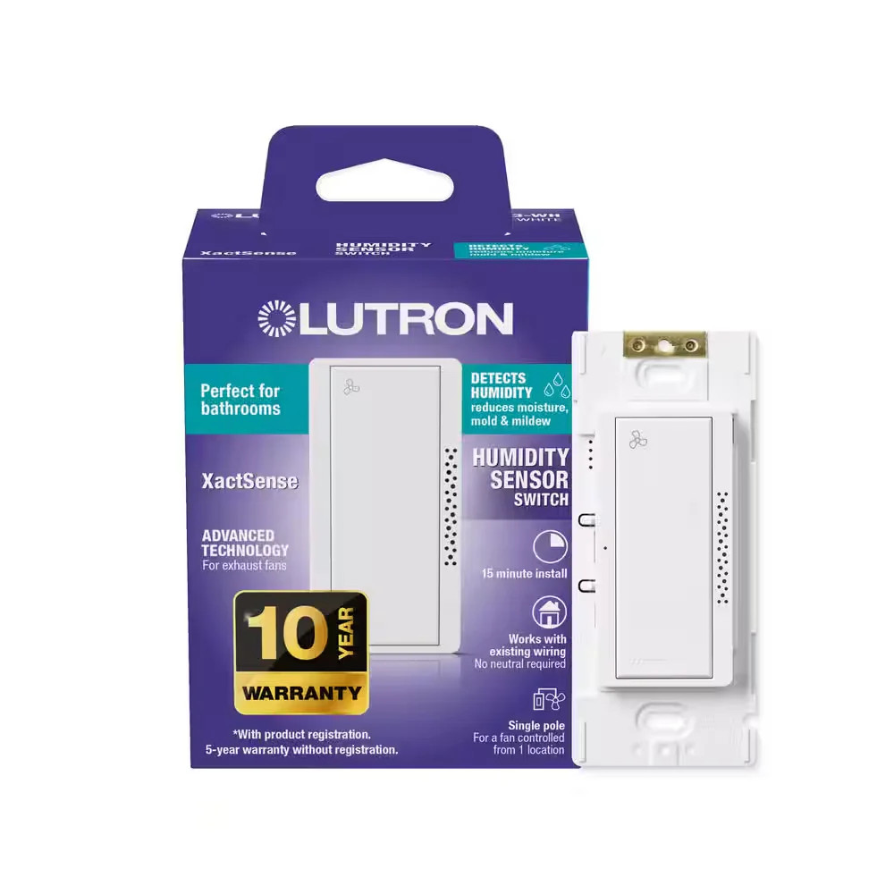 Lutron XactSense Humidity Sensor Switch Bath Exhaust Fan 3A Single Pole White