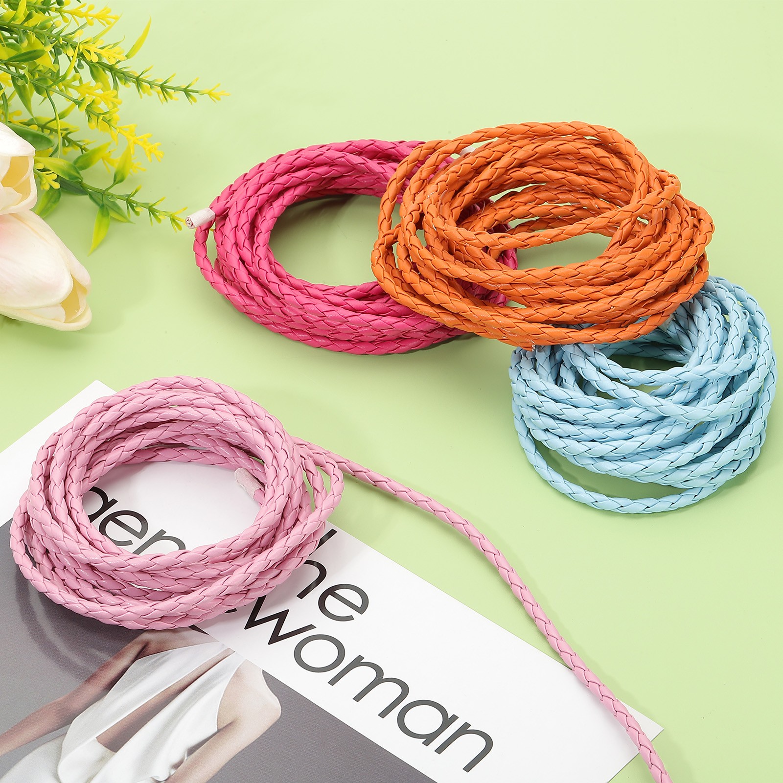 Braided Leather Cords, 3.3 Yard Strap with Cord Lock, 4mm Dia, Rose Red