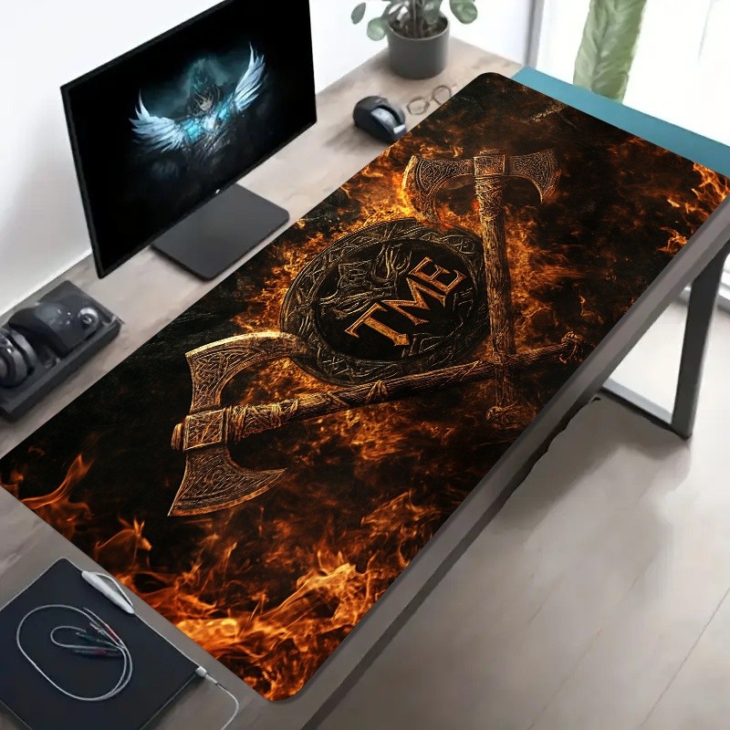A Large Gaming Mouse Pad Featuring a Retro Battle Design with Flames, Equipped