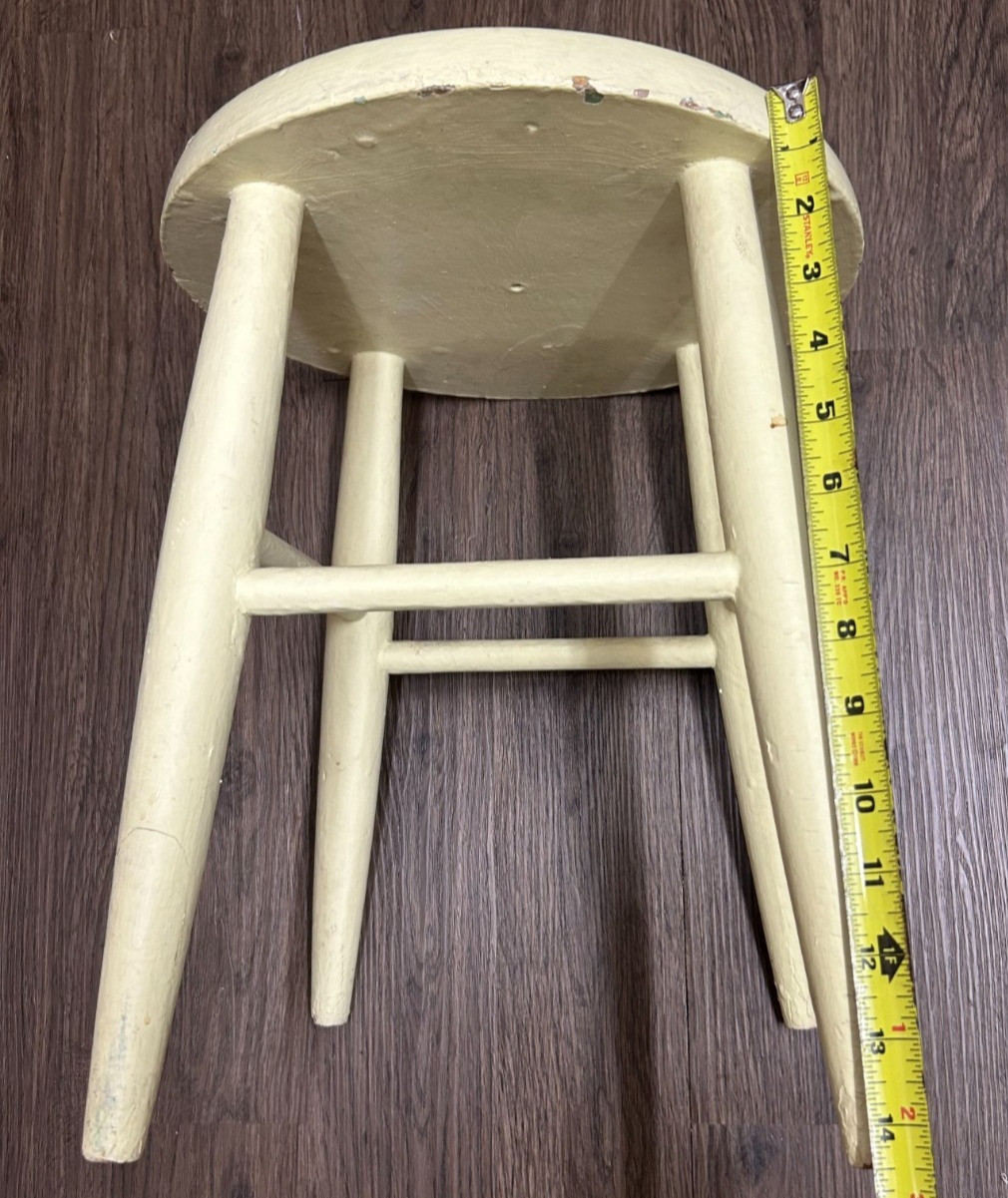 Vintage WOODEN MILKING STOOL Painted Wood Stepstool Chair Chippy Cream Paint 15"