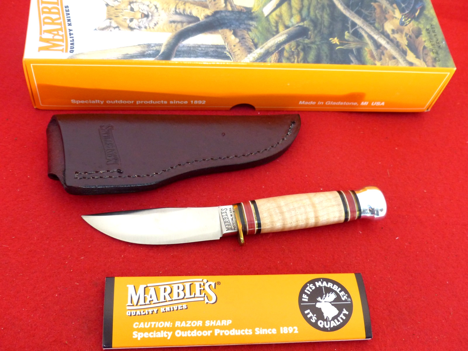 Marbles Gladstone USA mint Fieldlcraft fixed blade curly maple/aluminum knife