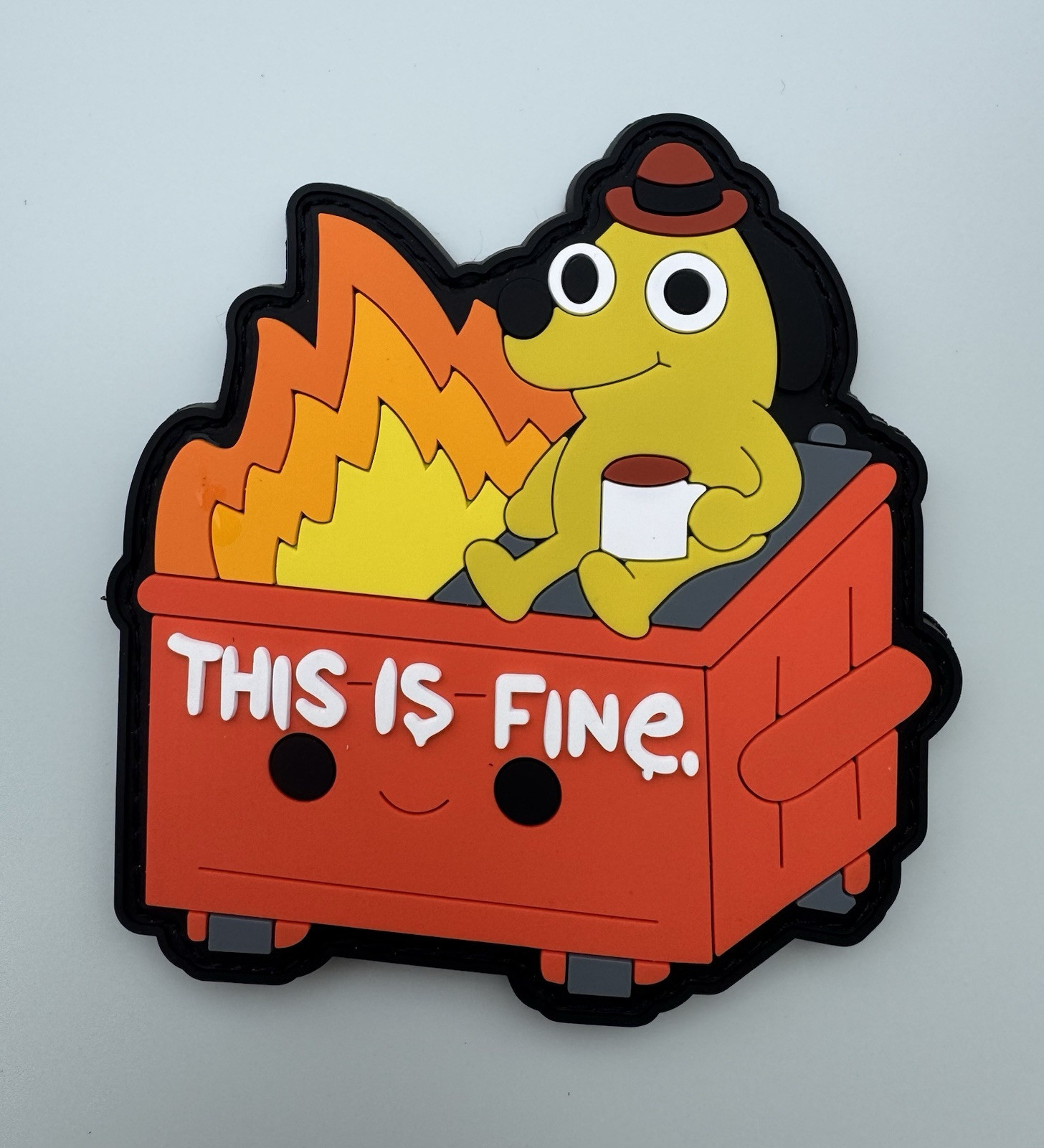 This Is Fine Dumpster Fire Rubber PVC Hook/Loop Morale Patch Glow In The Dark