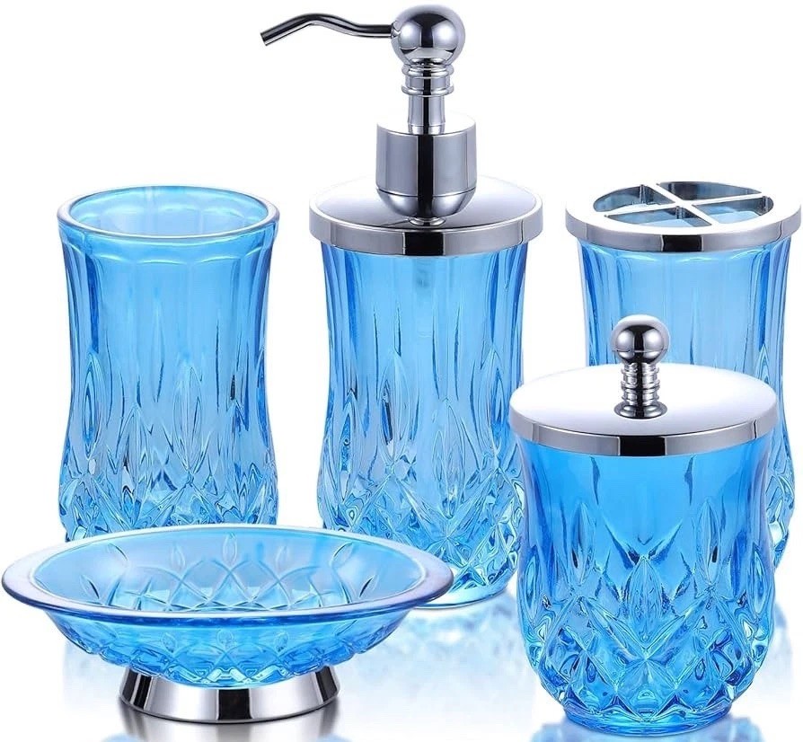 PYZX-HOME Glass Bathroom Accessories Set - Complete 5 Pc Decor (Blue) NiB! 🍀
