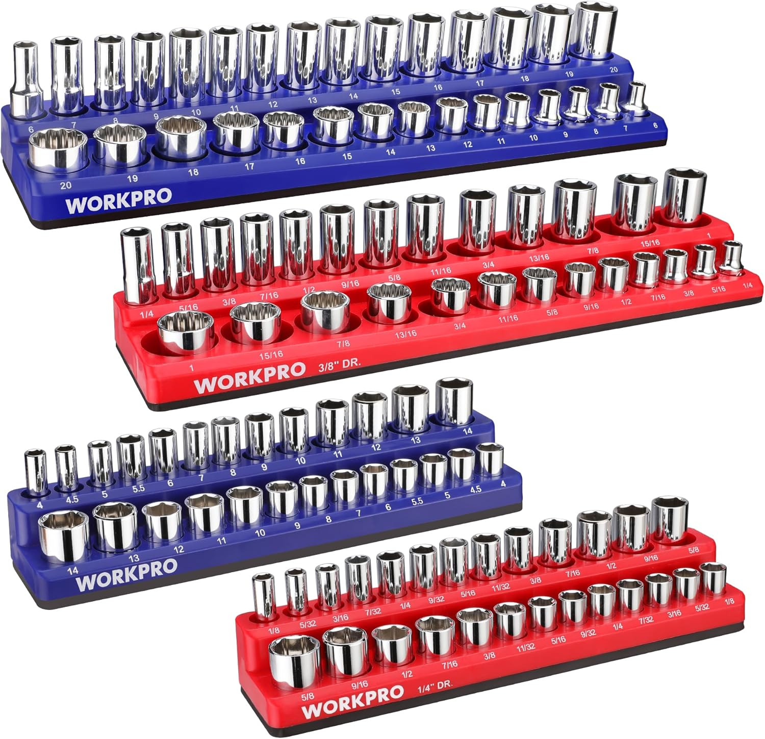 Magnetic Socket Organizer Set, 4-Piece Socket Holder Set Includes 1/4", 3/8" Dri