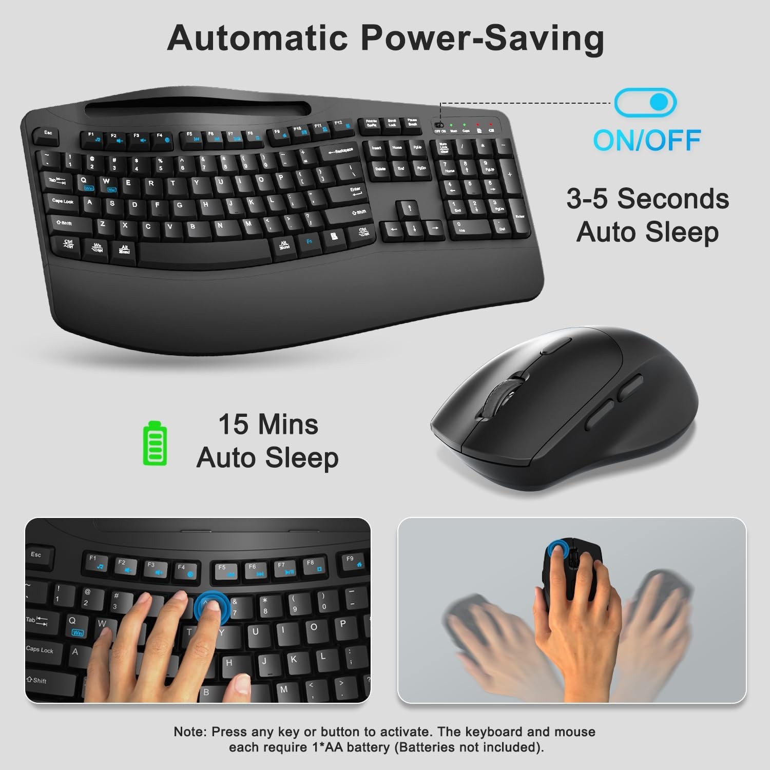 Wireless Keyboard and Mouse Combo, Full Size Ergonomic Wave Keys(Black) | 2.4...