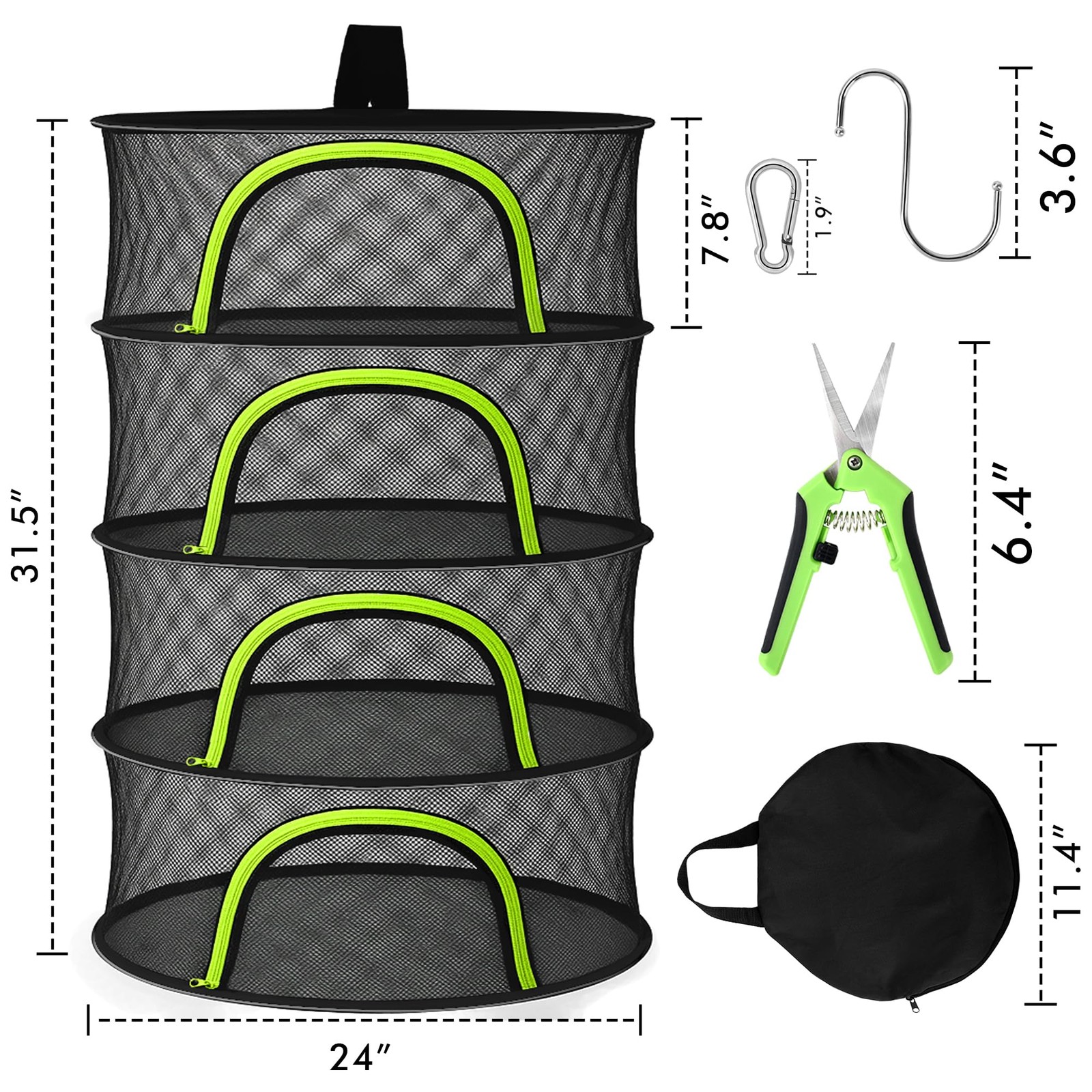 Herb Drying Rack Hanging Mesh 4 Layer 24" with Zipper, Garden Pruning Shear,Hook