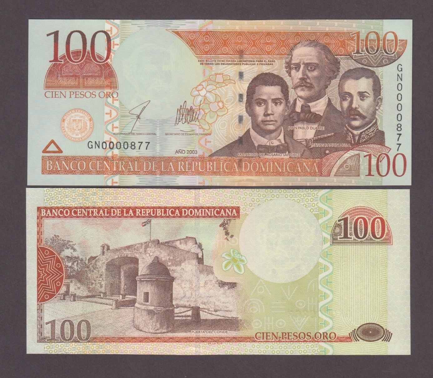 DOMINICAN REPUBLIC P.175 100 PESOS ORO 2003 PFX GN LOW S/N  UNC WE COMBINE 2605