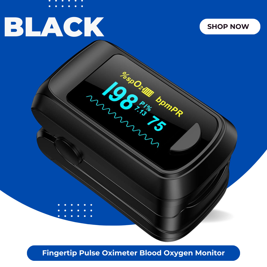 Fingertip Pulse Oximeter (Black) - OLED Spo2 & Heart Rate Monitor w/ Lanyard